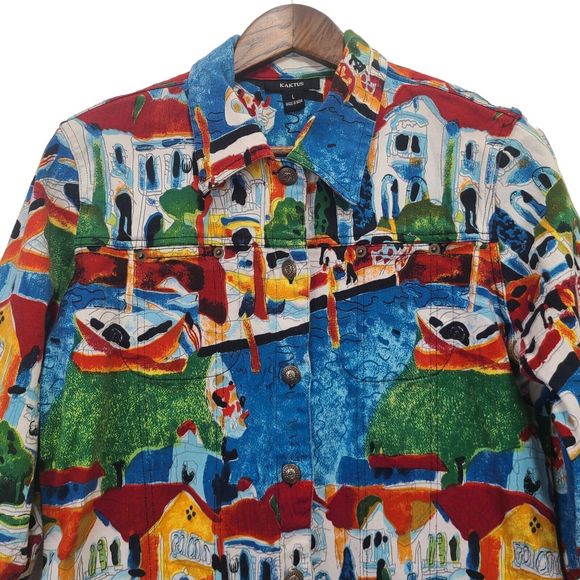 KAKTUS Women’s Multicolored Denim City Boats Jacket Button Up Pockets Size L - Picture 2 of 9